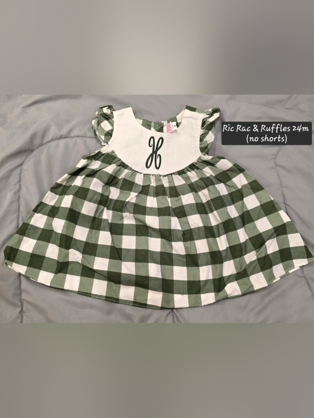 Green and White Gingham Baby Dress with H Monogram